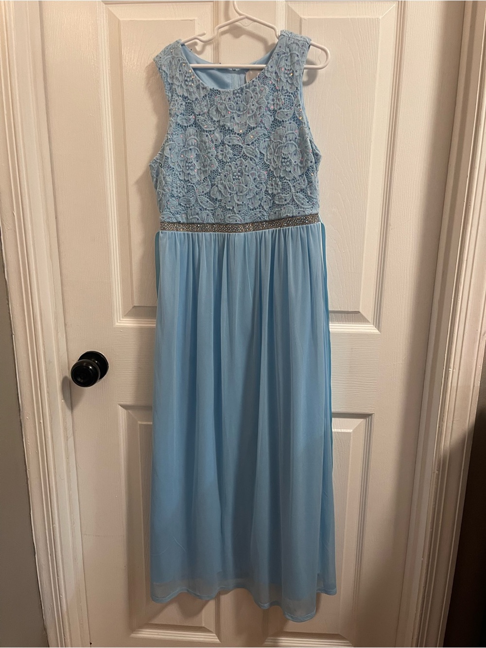 Rare Editions Light Blue Lace & Chiffon Formal Dress with Beaded Waist